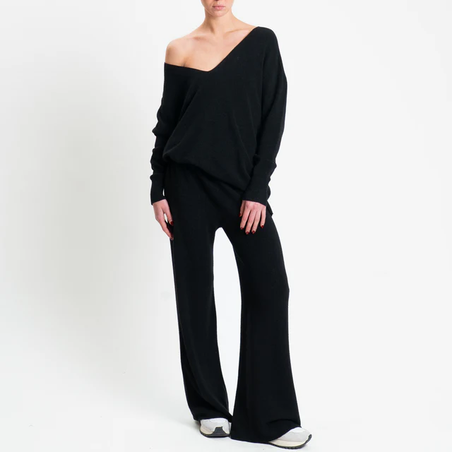 Haveone-Completo maglia scollo v + pantalone - nero