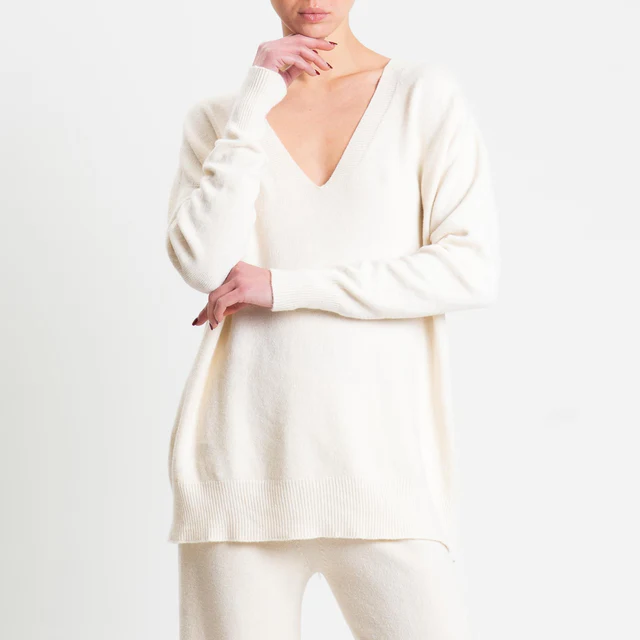 Haveone-Completo maglia scollo v + pantalone - panna